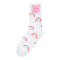 Adult crew socks with half cushion, white with pink bear pom and rainbow pattern