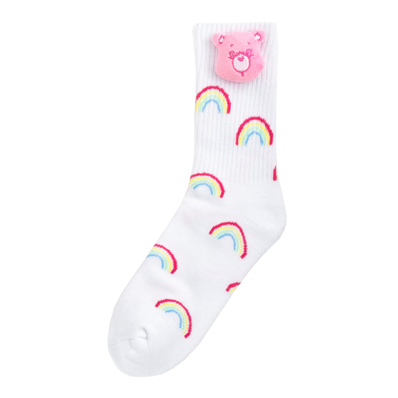 Adult crew socks with half cushion, white with pink bear pom and rainbow pattern