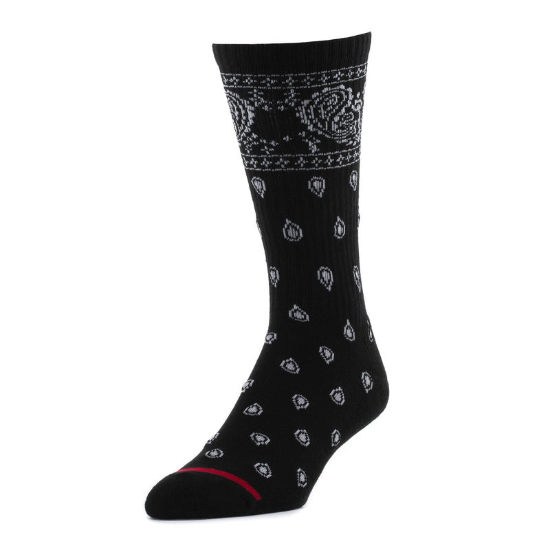 Black crew socks with repeating light patterned motifs