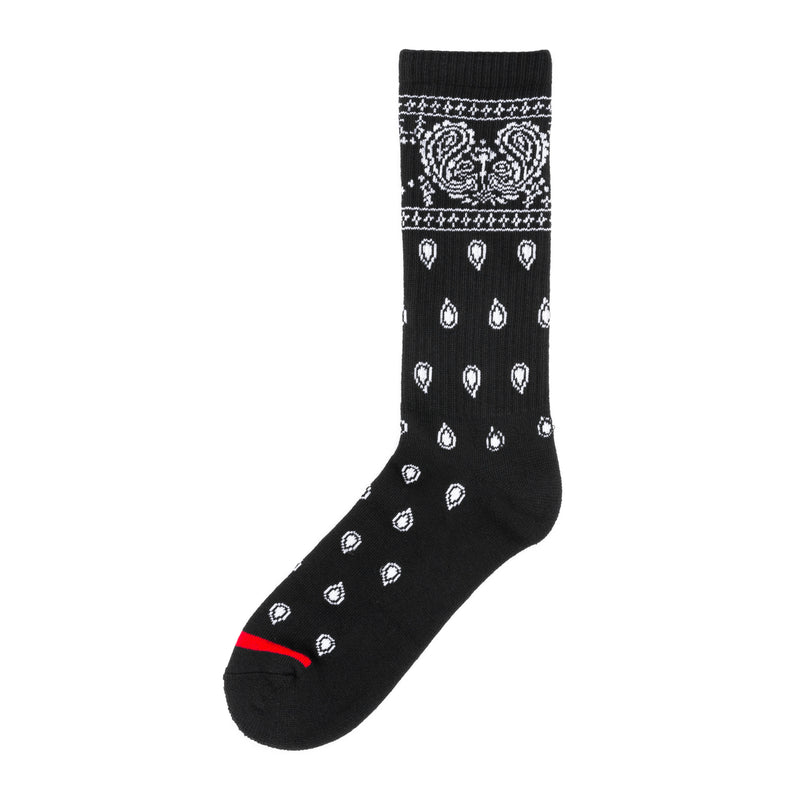 Black crew socks with bandana pattern, medium half-cushioned sole