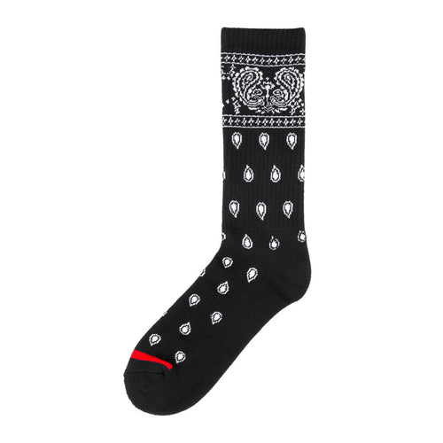 Black crew socks with bandana pattern, medium half-cushioned sole