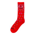 Red crew socks with bandana-style pattern and ribbed cuff