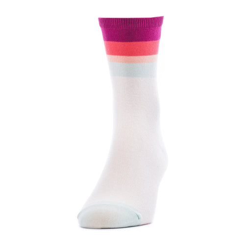 Medium striped crew sock, white with pink and aqua horizontal stripes, ribbed cuff.