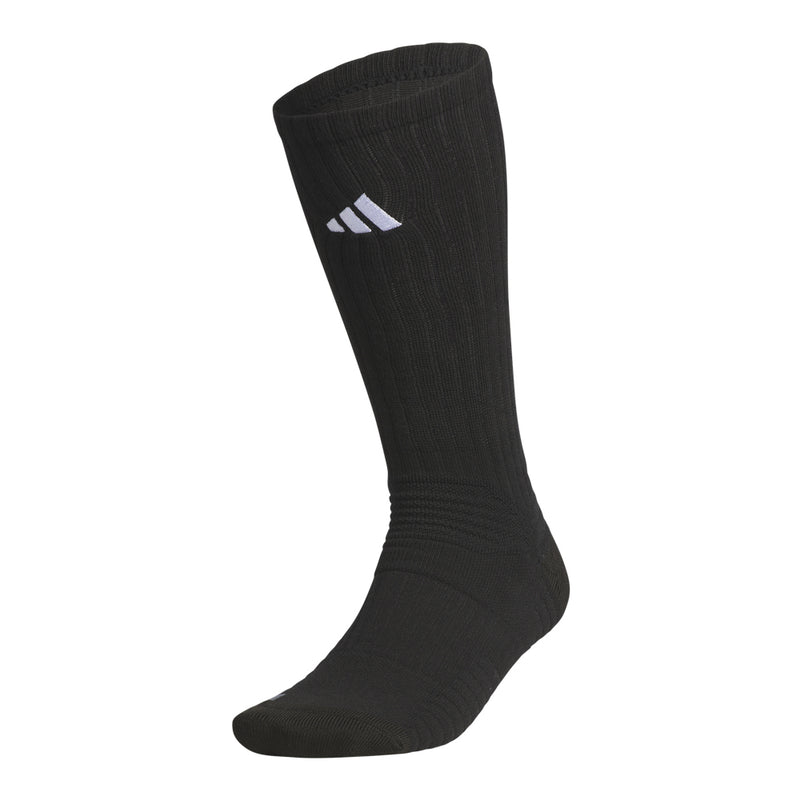 Black slouch crew sock with ribbed knit and three white stripes logo