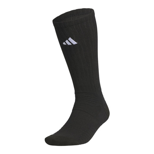 Black slouch crew sock with ribbed knit and three white stripes logo