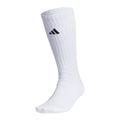 White crew slouch socks with black adidas logo on side