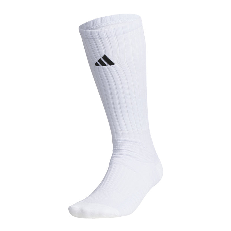 White crew slouch socks with black adidas logo on side