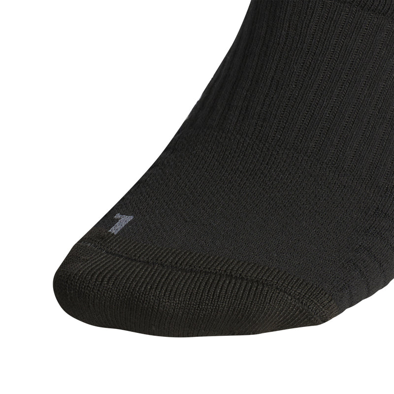 Black slouch crew sock, reinforced toe and three white stripes logo