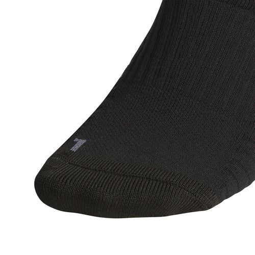 Black slouch crew sock, reinforced toe and three white stripes logo