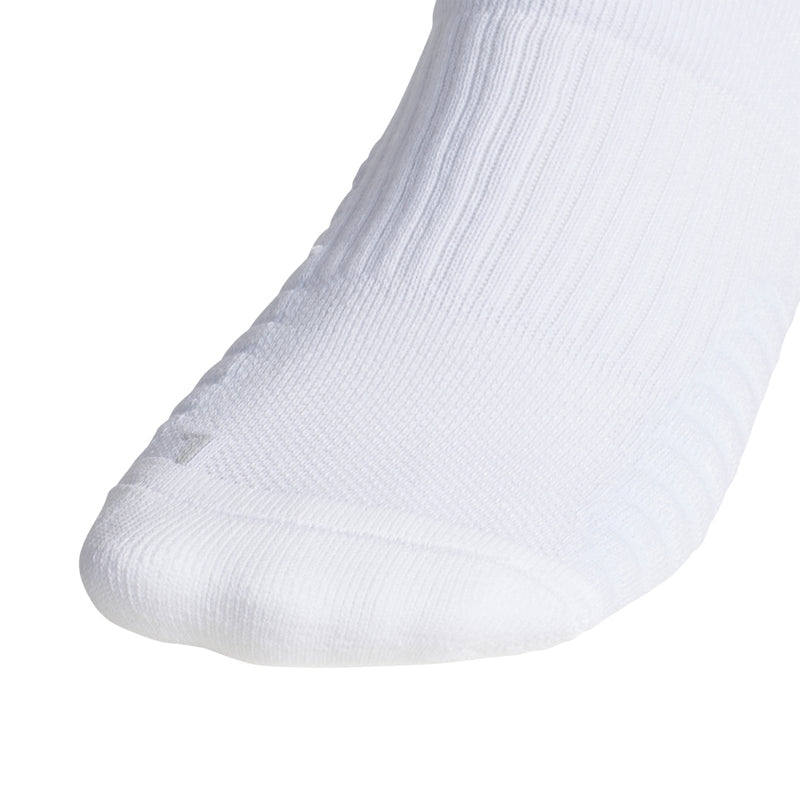 White crew sock with ribbed knit texture and cushioned toe