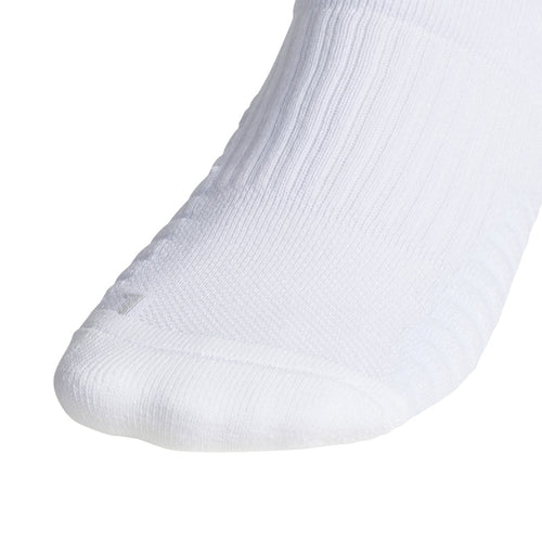 White crew sock with ribbed knit texture and cushioned toe
