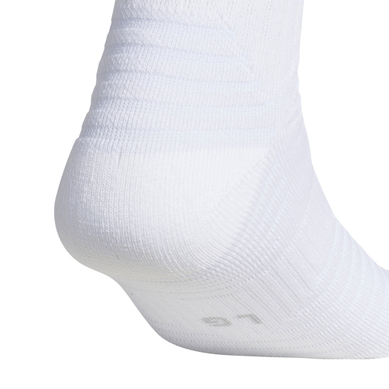 White crew sock with soft knit on foot and small logo near toe