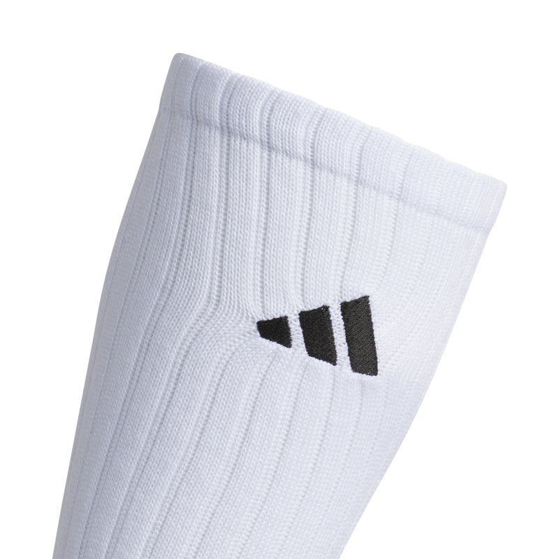 White crew sock cuff with black adidas three-stripe emblem