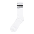 White crew sock with black and gray striped ribbed cuff