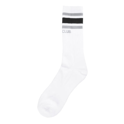 White crew sock with black and gray striped ribbed cuff