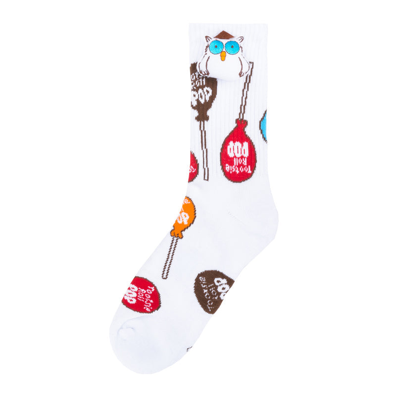 White half-cushion crew socks with owl and candy graphics
