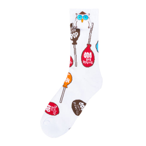White half-cushion crew socks with owl and candy graphics