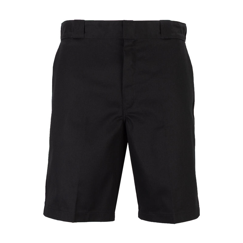 Men's black 11-inch shorts with belt loops and front button closure