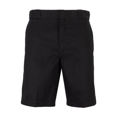 Men's black 11-inch shorts with belt loops and front button closure