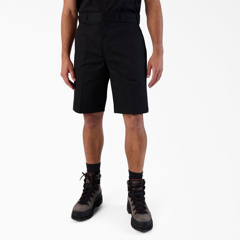 Men's black shorts with straight fit and mid-thigh inseam