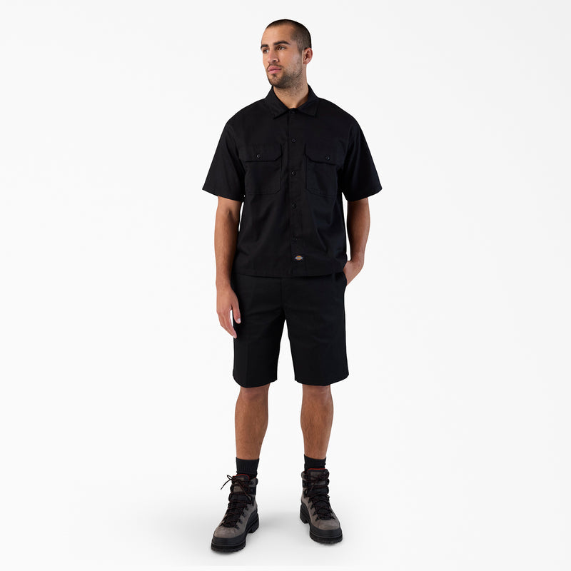 Men's black work shorts with belt loops and side hand pockets