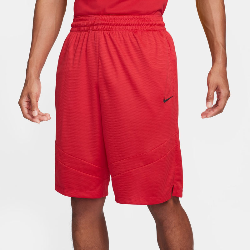 Men's university red athletic shorts, back view with elastic waistband and Nike logo