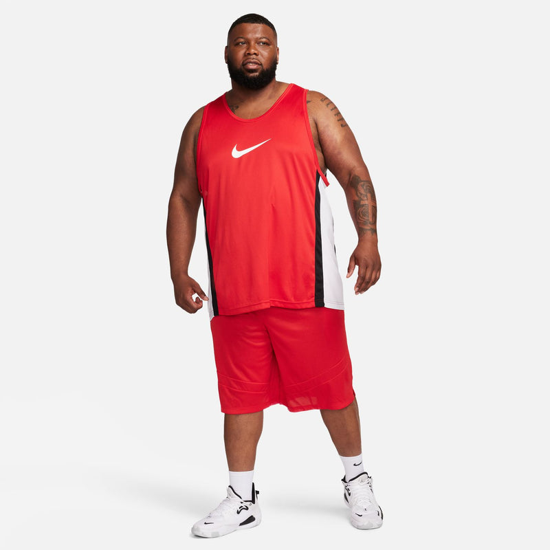 Men's university red athletic shorts, side view with Nike logo and mid-thigh length