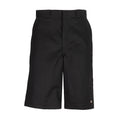 Men's black loose 13-inch shorts, flat front with belt loops and side pockets