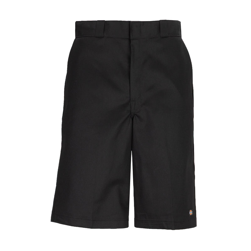 Men's black loose 13-inch shorts, flat front with belt loops and side pockets