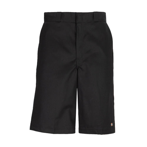 Men's black loose 13-inch shorts, flat front with belt loops and side pockets