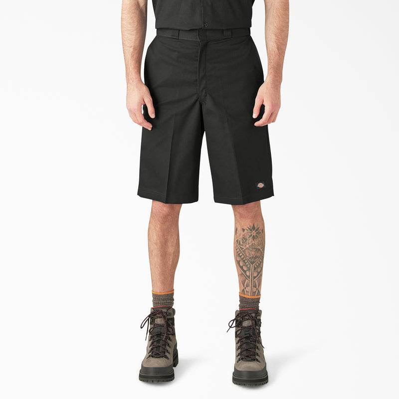 Men's black loose 13-inch shorts with button/zip closure and belt loops