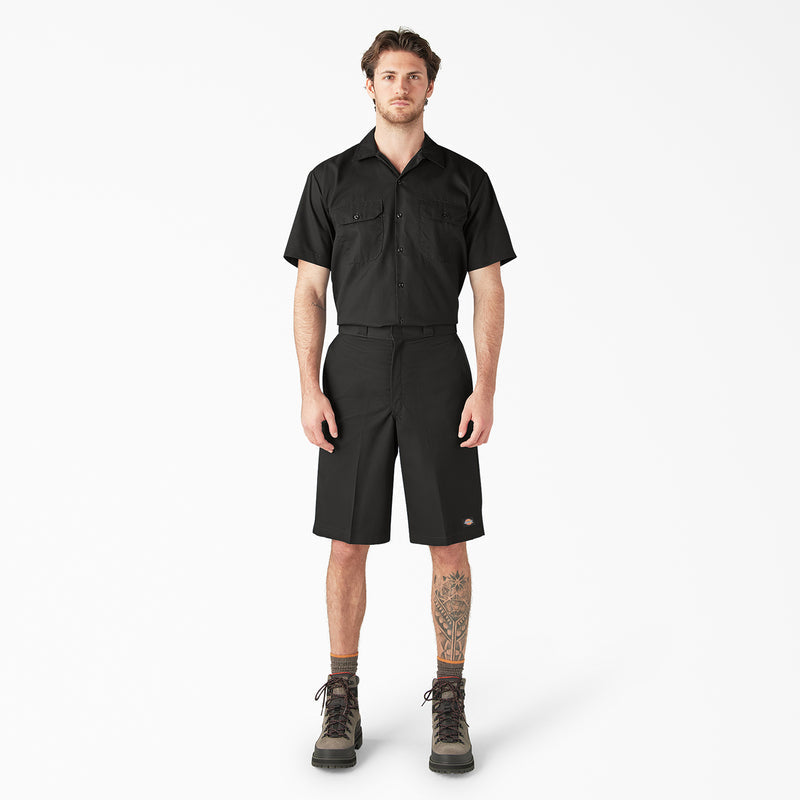 Men's black loose 13-inch shorts with side pocket and belt loops
