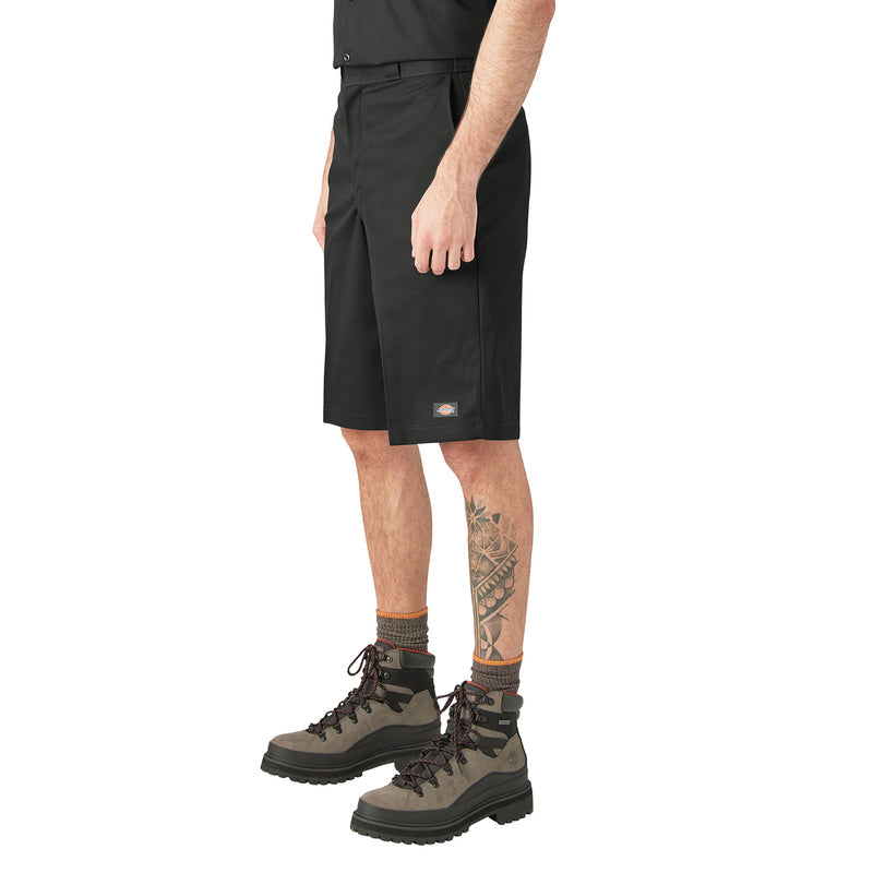 Men's black loose 13-inch shorts, side view with belt loops and side pocket