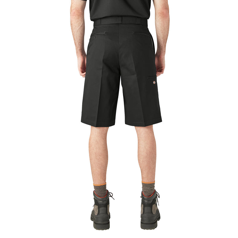 Men's black loose 13-inch shorts with relaxed fit and side pocket detail