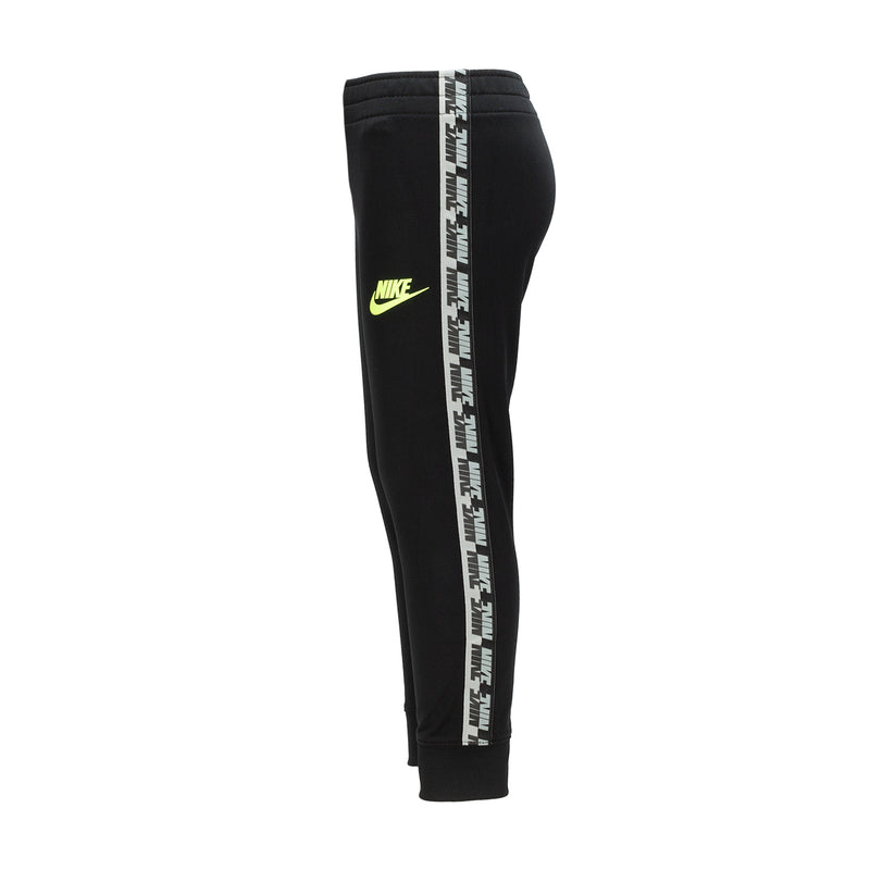 Kids black tricot track pants with side tape stripe and neon logo accents