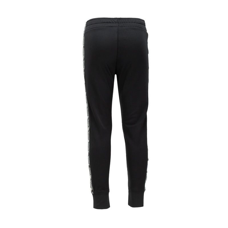 Kids black tricot track pants, back view with elastic cuffs and taped seams
