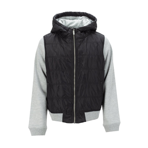 Youth puffer jacket with hood, black quilted body, gray sleeves, full zip