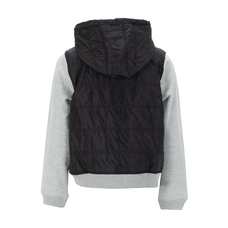 Youth puffer jacket with hood, black quilted back panel and gray knit cuffs
