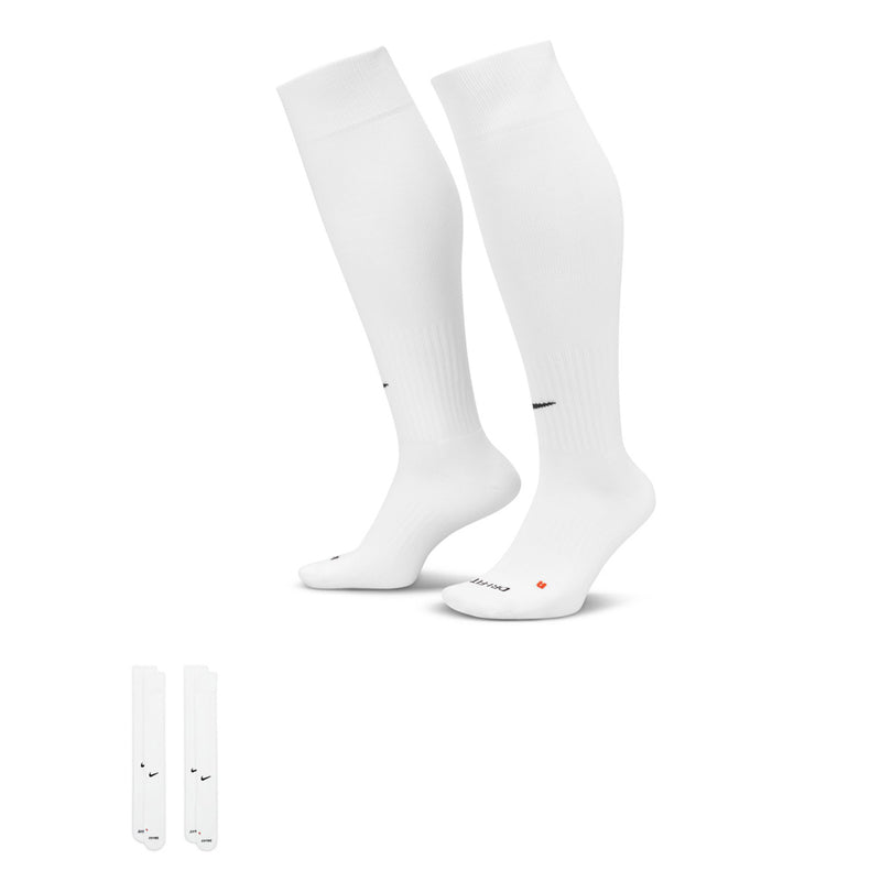 Nike Academy OTC soccer socks, white with black Swoosh logo, 2-pack