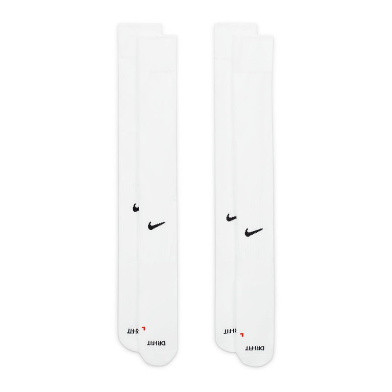 Nike Academy OTC soccer socks, white crew socks with black Swoosh on front, 2-pack