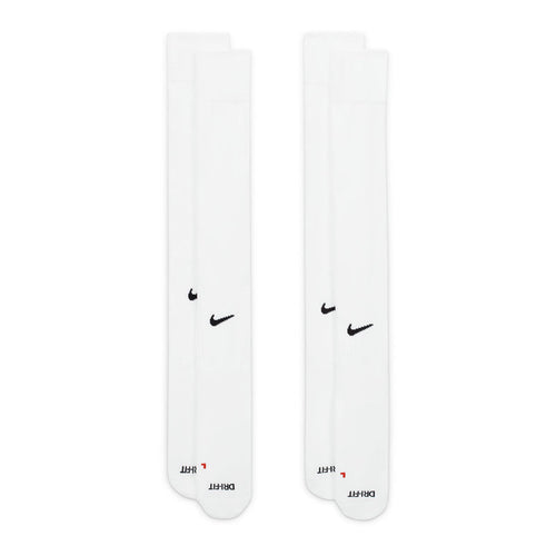 Nike Academy OTC soccer socks, white crew socks with black Swoosh on front, 2-pack