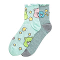 2-pack adult mid-crew lettuce-edge socks: mint & gray striped with Care Bears graphics
