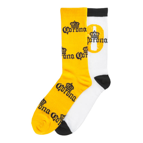 2-pack adult crew socks, yellow and white with Corona logos, dark toe and heel