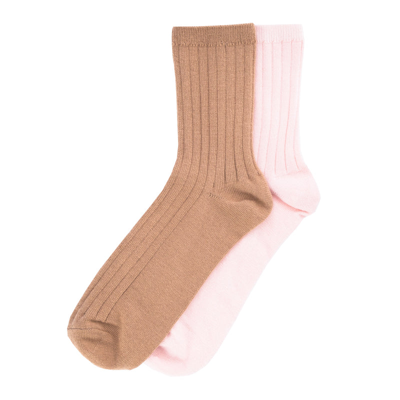 2-pack ribbed crew socks in tan and light pink, medium height