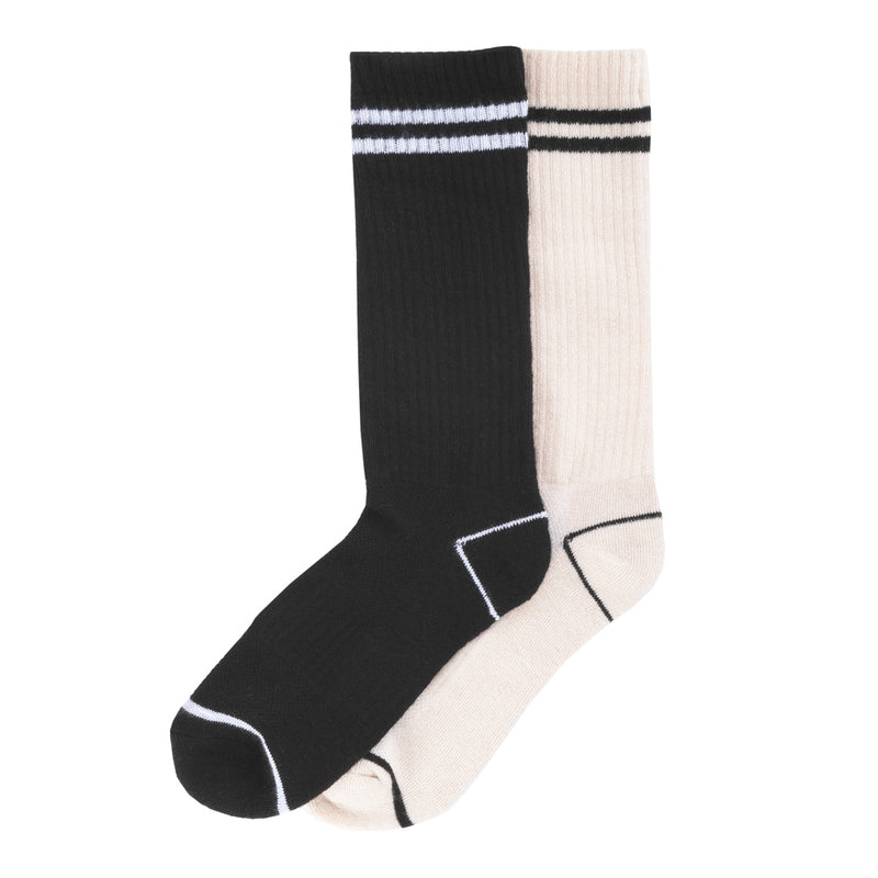 2-pack medium striped crew socks, black and chalk with contrast top stripes