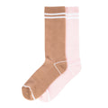2-pack medium striped crew socks, one brown and one pink, ribbed cuffs