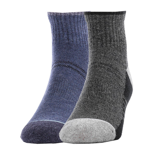 2-pack outdoor wool blend quarter socks, navy/blue and black/grey, crew height