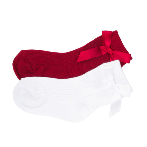 2-pack satin bow dress socks in red and white, with satin bows at the cuffs