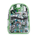 Clear mini backpack pouch with Minecraft-style print, front zipper and green trim