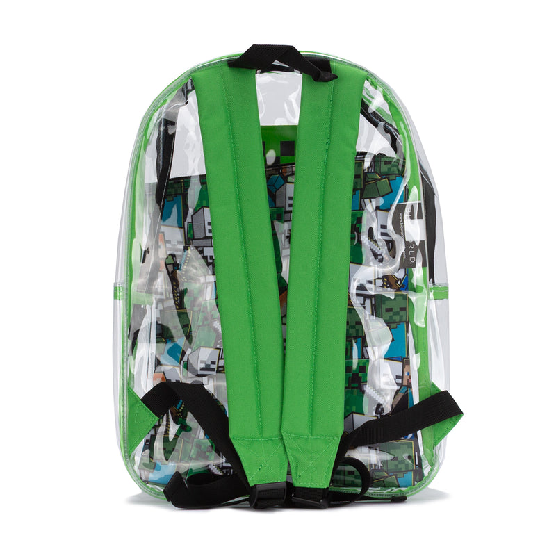 Clear mini backpack pouch set with green straps and black buckles, Minecraft-style print
